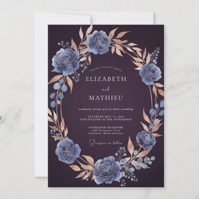 Steel Plum Leafy Wedding Invitation (Front)