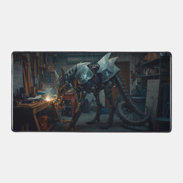 Steel Serpent – Mech Dragon Wolf Mousepad Desk Mat (Front)