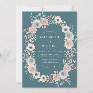 Steel Teal Wreath Wedding Invitation