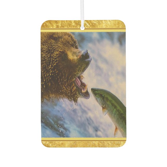 Steelhead salmon jumping into grizzly bears mouth air freshener (Front)