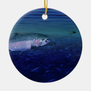 Steelhead taking a fly ceramic ornament