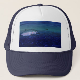Steelhead taking a fly trucker hat
