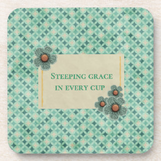 "Steeping Grace in Every Cup" Teal Geometric Coaster