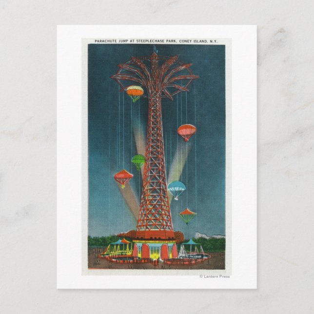 Steeplechase Park Parachute Jump View at Night Postcard (Front)