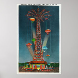 Steeplechase Park Parachute Jump View at Night Poster