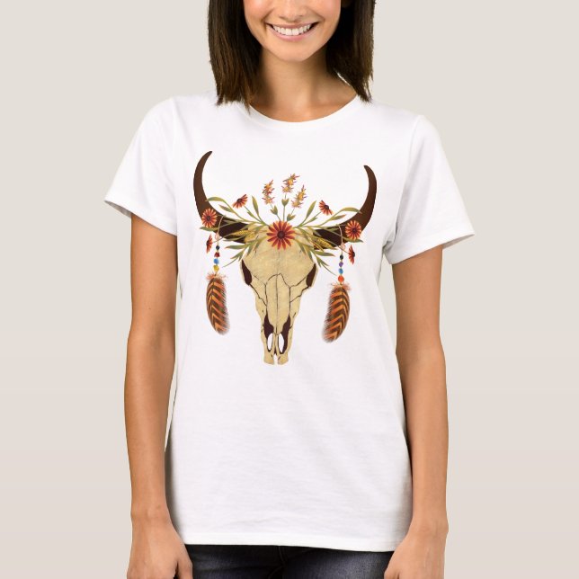 Steer Skull with Flowers and Feathers T-Shirt (Front)