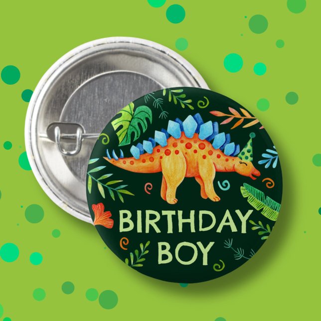 Stegosaurus Birthday Boy Dinosaur Prehistoric 1 Inch Round Button (Stegosaurus Birthday Boy Dinosaur )