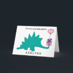 Stegosaurus Dinosaur Birthday Granddaughter Card<br><div class="desc">A stegosaurus dinosaur birthday granddaughter card with a Happy Birthday balloon attached to the present. You can easily personalize this girl's dinosaur birthday card with her name. Inside the birthday card reads "have a dino-mite birthday!" which you can also change if you'd like. The back reads "Happy Birthday 2018". Great...</div>