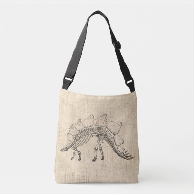 Stegosaurus Dinosaur Skeleton Vintage Script Paper Crossbody Bag (Front)