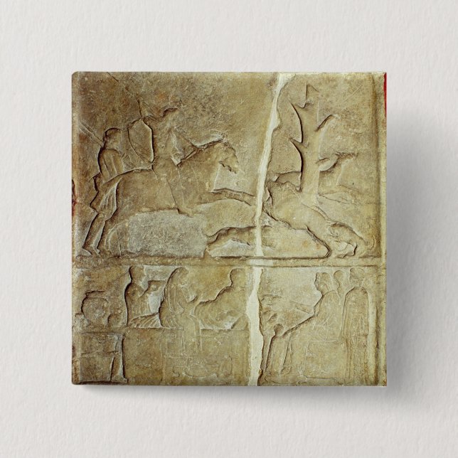 Stela relief depicting a wild boar hunt 2 inch square button (Front)