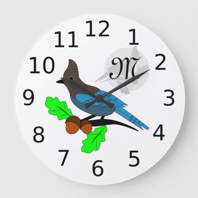 Steller Blue Jay Monogram Large Clock (Front)