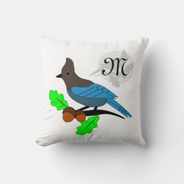 Steller Blue Jay Monogram Throw Pillow (Front)