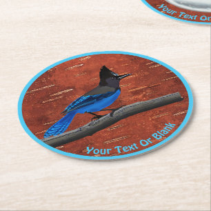 Steller&#x27;s Jay On Inner Birch Bark Round Paper Coaster
