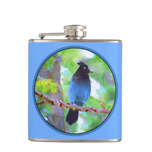 Steller's Jay Painting - Original Bird Art Hip Flask