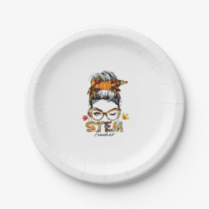 STEM Teacher Messy Bun Fall Vibes Autumn Thanksgiv Paper Plate