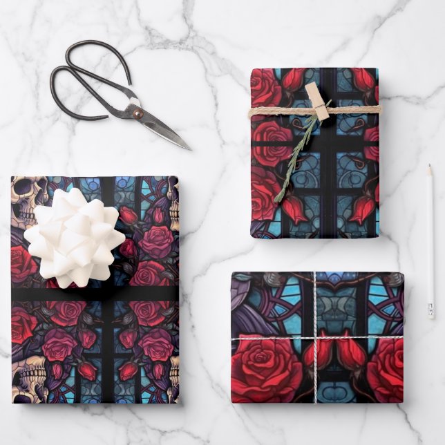 Stems and Stones Skull & Roses Wrapping Paper Sheet (Front)