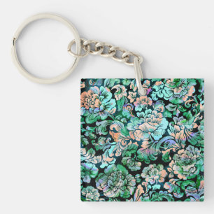Stencil Floral in Green and Peach Keychain