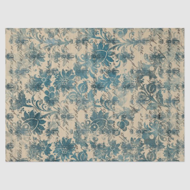 Stencil Flowers, Bees and Writing on Tan Decoupage Tissue Paper (Front)