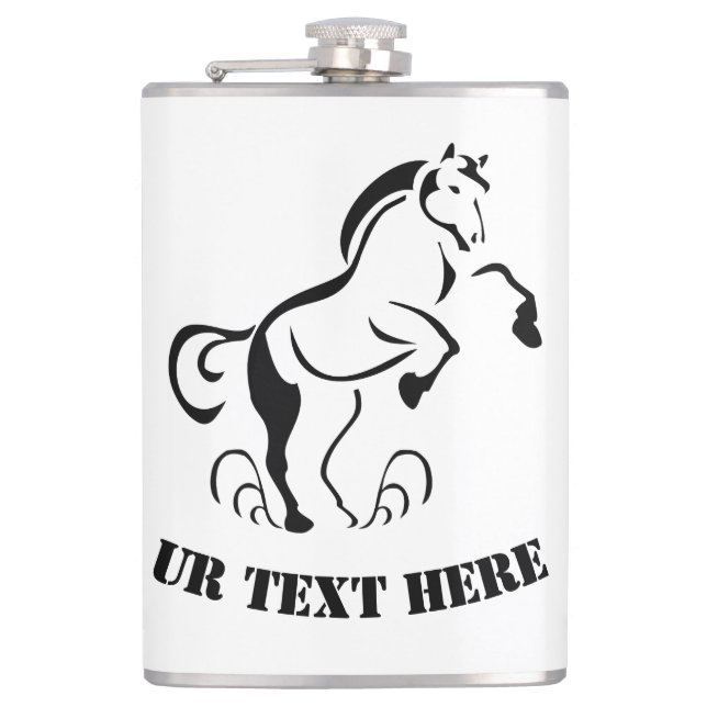 Stenciled Black Horse Rearing with Dust Swirls Hip Flask (Front)
