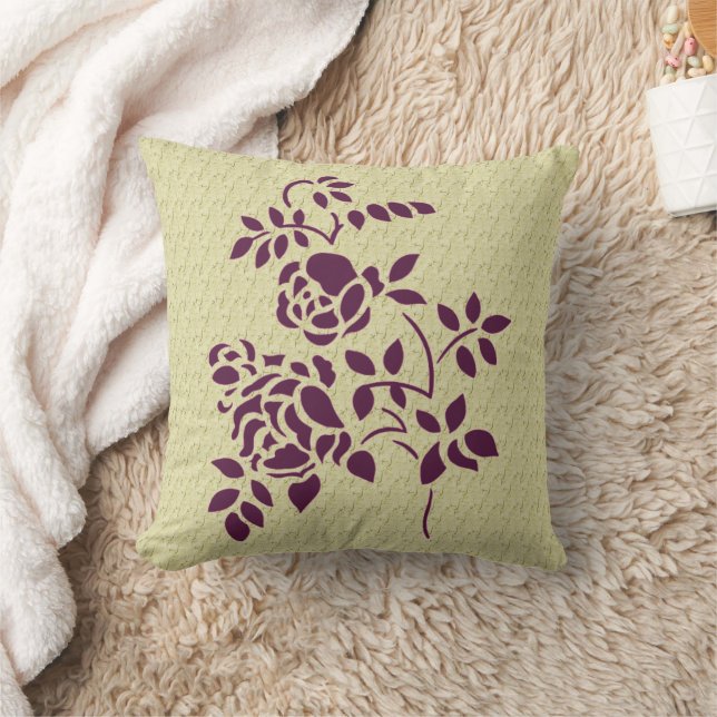 Stenciled Plum Roses Throw Pillow (Blanket)