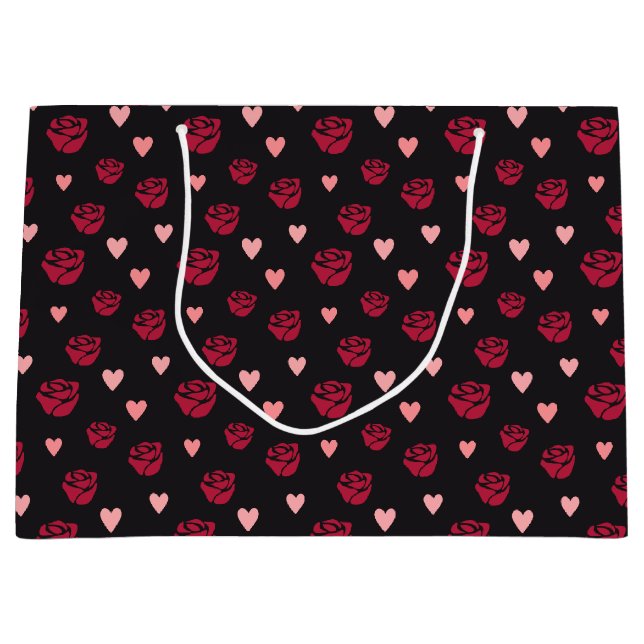 Stenciled Red Rose and Hearts Patterned Large Gift Bag (Front)