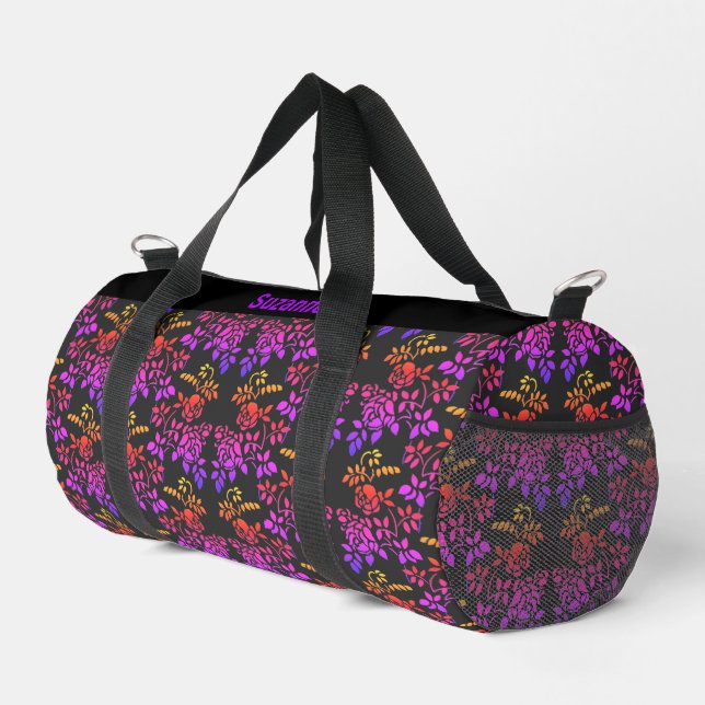 Stenciled Rose Flowers Pattern Personalized Duffle Bag (Right Corner)