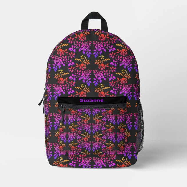 Stenciled Rose Flowers Pattern Personalized Printed Backpack (Front)
