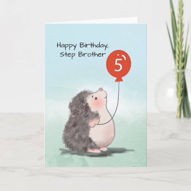 Step Brother 5th Birthday Cute Hedgehog Balloon Card (Front)