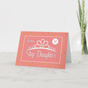 Step Daughter 14th Birthday with Crown & Gold Dots Card