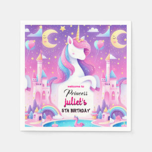 Step girly cute purple pink unicorn 5th birthday napkin