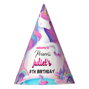 Step girly cute purple pink unicorn 5th birthday party hat