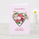 Step Sister Birthday Antique Painted Roses Card<br><div class="desc">A romantic birthday card. A painting of roses is framed by an embellished golden heart. Give your step sister a birthday greeting with a beautiful painting of a bouquet of roses.</div>