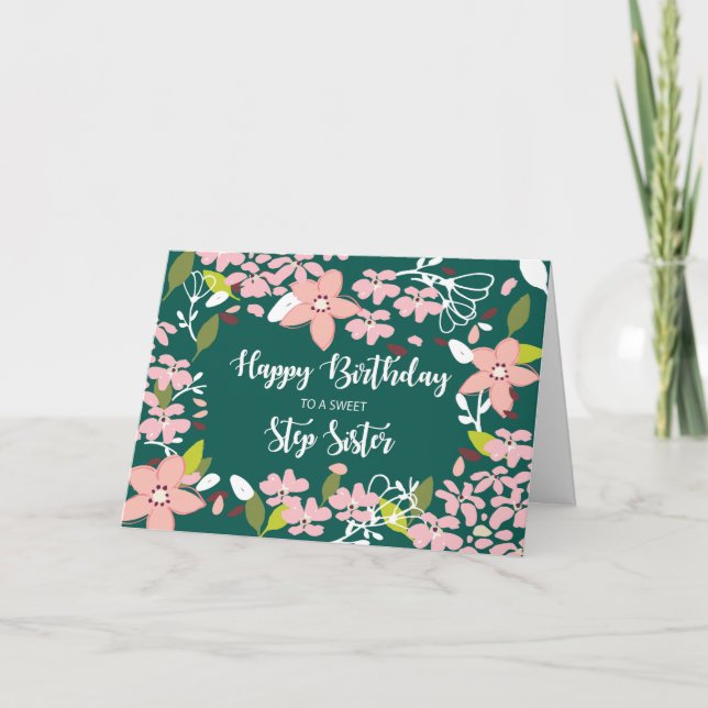 Step Sister Birthday Green Flowers Card (Front)