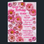 Step Sister Special Birthday Wishes Pink Daisies<br><div class="desc">A beautiful birthday card for a step-sister. A wonderful birthday card full of pink daisies. A lovely heartfelt verse completes the lovely feeling this card brings. send sincere birthday wishes to someone special.</div>
