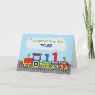 Step Son 1st Birthday Colourful Train on Track Card
