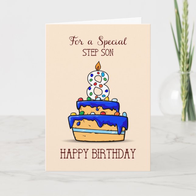 Step Son 8th Birthday, 8 on Sweet Blue Cake Card (Front)