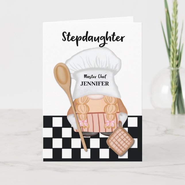 Stepdaughter Birthday Whimsical Gnome Chef Cooking Card (Front)
