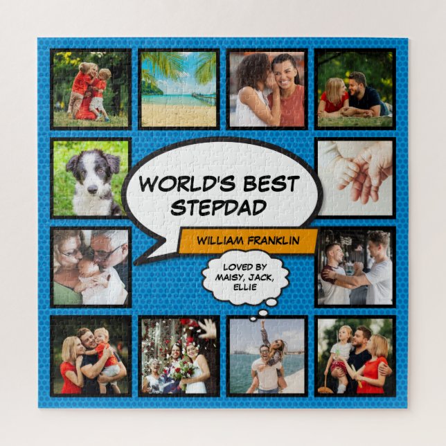 Stepfather, Stepdad 12 Photo Comic Book Fun Blue Jigsaw Puzzle (Vertical)