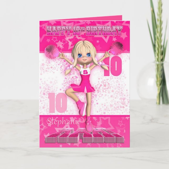 Stephanie 10th Birthday Card Cheerleader In Pink (Front)