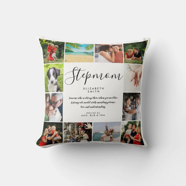 Stepmom Quote Modern Script 12 Photo Collage Throw Pillow (Front)