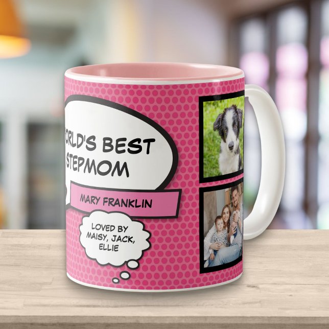 Stepmom, Stepmother, Bonus Mom 4 Photo Fun Pink Two-Tone Coffee Mug (Creator Uploaded)