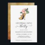 Stepping Into 30 Chic Floral Gold Heels Birthday Invitation<br><div class="desc">Modern, Elegant, "Stepping Into 30" Chic Floral Gold Heels Birthday Party Invitation featuring our glamourous glitzy watercolor gold high heel surrounded by pink and green tropical flowers. The background is a luxurious watercolor gold wash. Easy to customize with your information for a simply elegant 30th birthday birthday party invitation. Please...</div>