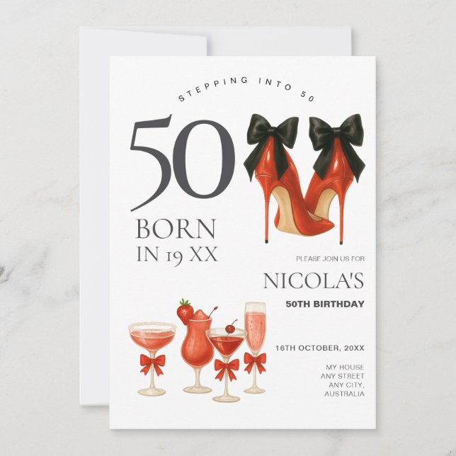 Stepping into 50 Modern Red & Black 50th Invite (Front)
