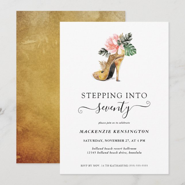 Stepping Into 70 Chic Floral Gold Heels Birthday Invitation (Front/Back)