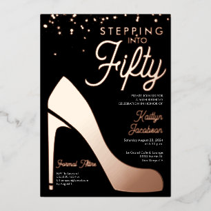 Stepping into fifty 50th Birthday Party High heels Foil Holiday Card