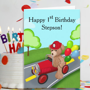 Stepson Happy 1st Birthday Teddy Bear Firetruck Card