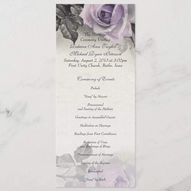Sterling Silver Purple Rose Wedding Programme (Devant)