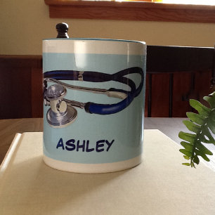 Stethoscope bleu avec nom personnalisé Mug à deux 