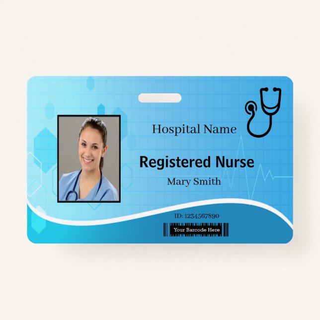 Stethoscope Blue Medical Heartbeat Photo ID Badge (Front)