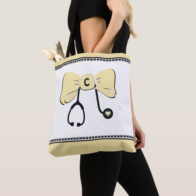 Stethoscope Bow Yellow & White Tote Bag (Close Up)